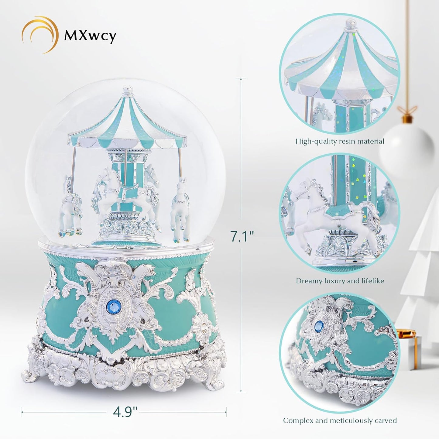 Carousel Music Box Gold & Ivory Christmas Snow Globes, 8.3" Rotate Carousel Snow Globe for Kids & Adults, Classic Wind up Musical Snow Globe Birthday Gifts for Women Girls, Carousel Horse Home Decor