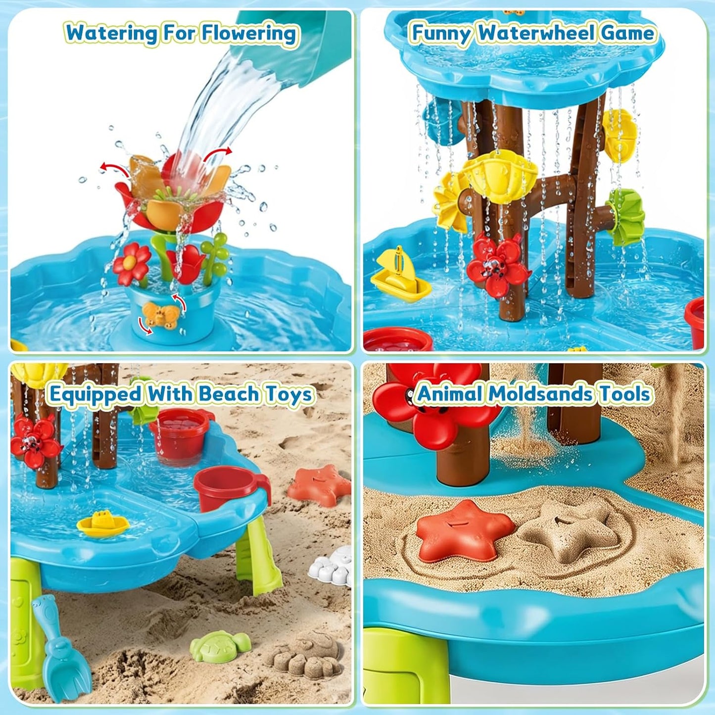 deAO Flower Water Sand Table for Kids 2-Tier Outdoor Water and Sand Play Table Toy Set with 11 Piece Water Toy Accessories Summer Gift for Boys Girls
