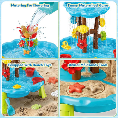 deAO Flower Water Sand Table for Kids 2-Tier Outdoor Water and Sand Play Table Toy Set with 11 Piece Water Toy Accessories Summer Gift for Boys Girls