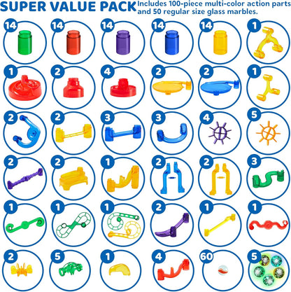 JOYIN 150Pcs Glowing Marble Run- Construction Building Blocks Toys with 5 Glow in The Dark Glass Marbles, STEM Educational Building Block Toy, Birthday Gifts, Easter Basket Stuffers