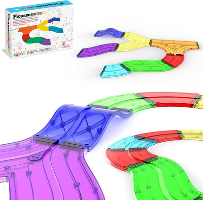 PicassoTiles 121pc Magnetic Tile Race Track Marble Run Magnet Tiles 3-in-1 Playset Car Racing Construction Set STEM Learning Early Education Building Toy Cars for School Toddlers Boys Girls Ages 3+
