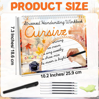 chiazllta Grooved Cursive Handwriting Workbook with Disappearing Ink Pens Magic Reusable Grooved Cursive Writing Practice for Beginners Kids Kickoff Student Workbook Homeschooling Supplies (Letters)