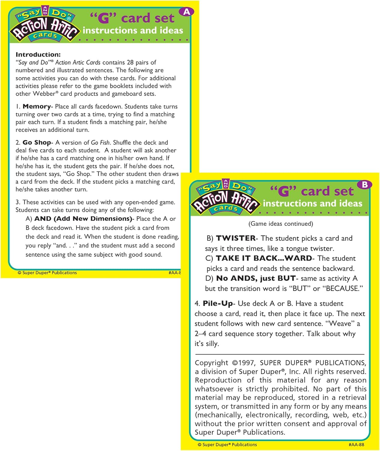 Super Duper Publications | Say and Do® Action Articulation G Sounds Fun Deck | Vocabulary and Language Development Flash Cards | Educational Learning Materials for Children