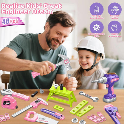 Kids Tool Set 46 PCS, Christmas Birthday Gifts for Kids Ages 3,4,5,6,7,8, Toddler Tool Set with Portable Tool Box & Electronic Toy Drill, Construction Toys Tools for Toddlers, Tool Kits for Boys Girls