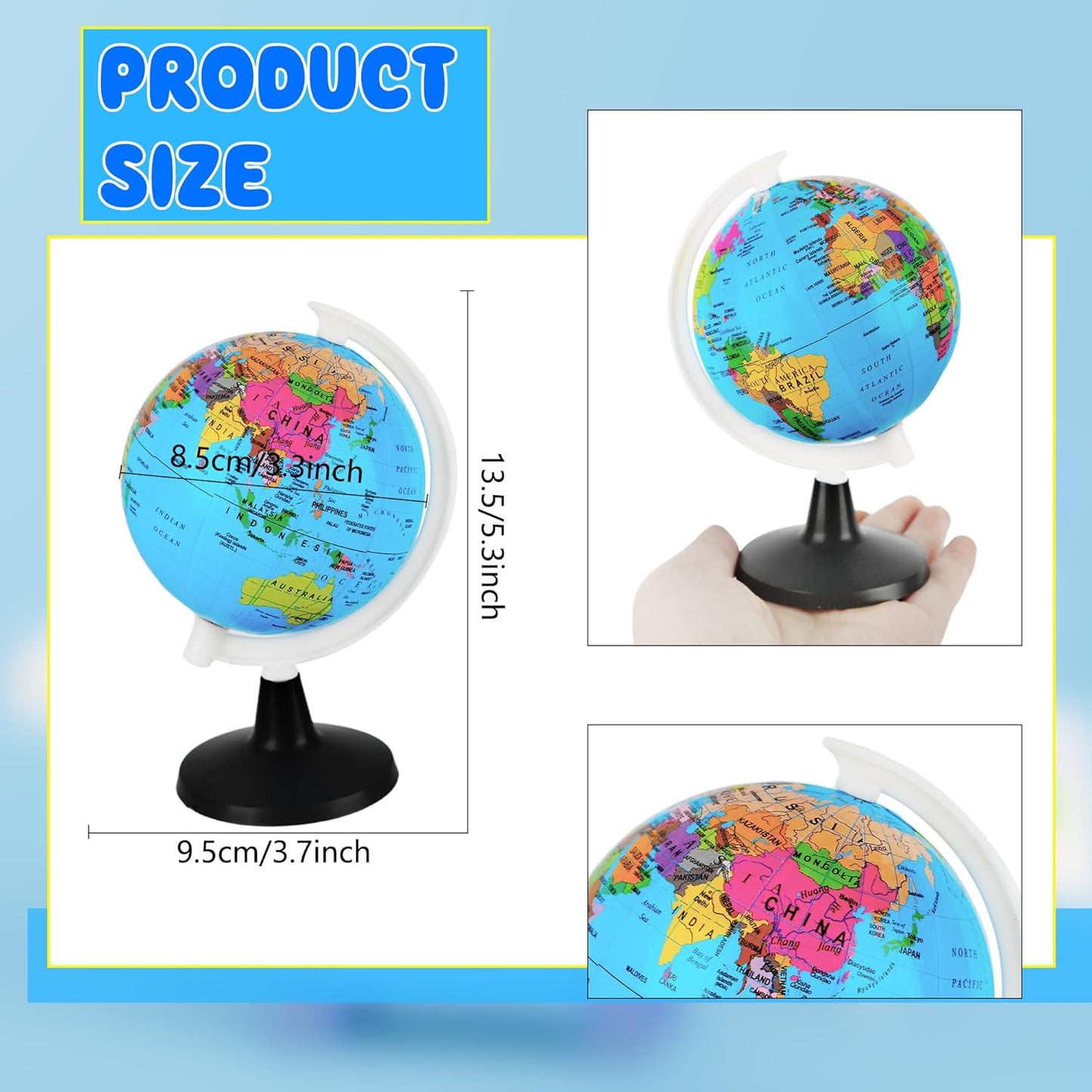 16 Pcs 3.4 Inches Mini World Globes Rotating Geographic Earth Map Globe with Stand for Learning Educational Classroom Desk Table Decoration, Blue