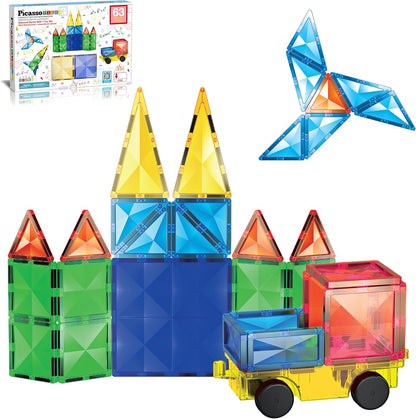 PicassoTiles 4pcs Magnetic Building Block Large Square Shape Magnet Tiles Construction Toy STEM Learning Kit Educational Playset Playboard Pretend Play Stacking Blocks Child Brain Development PTE09