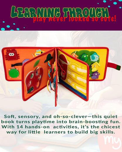 HappyVk Busy Book for Toddlers - Montessori Travel Toys with 13 Educational Activities - My Quiet Book - and A Felt Activity Board Game with 10 Weaving Strips
