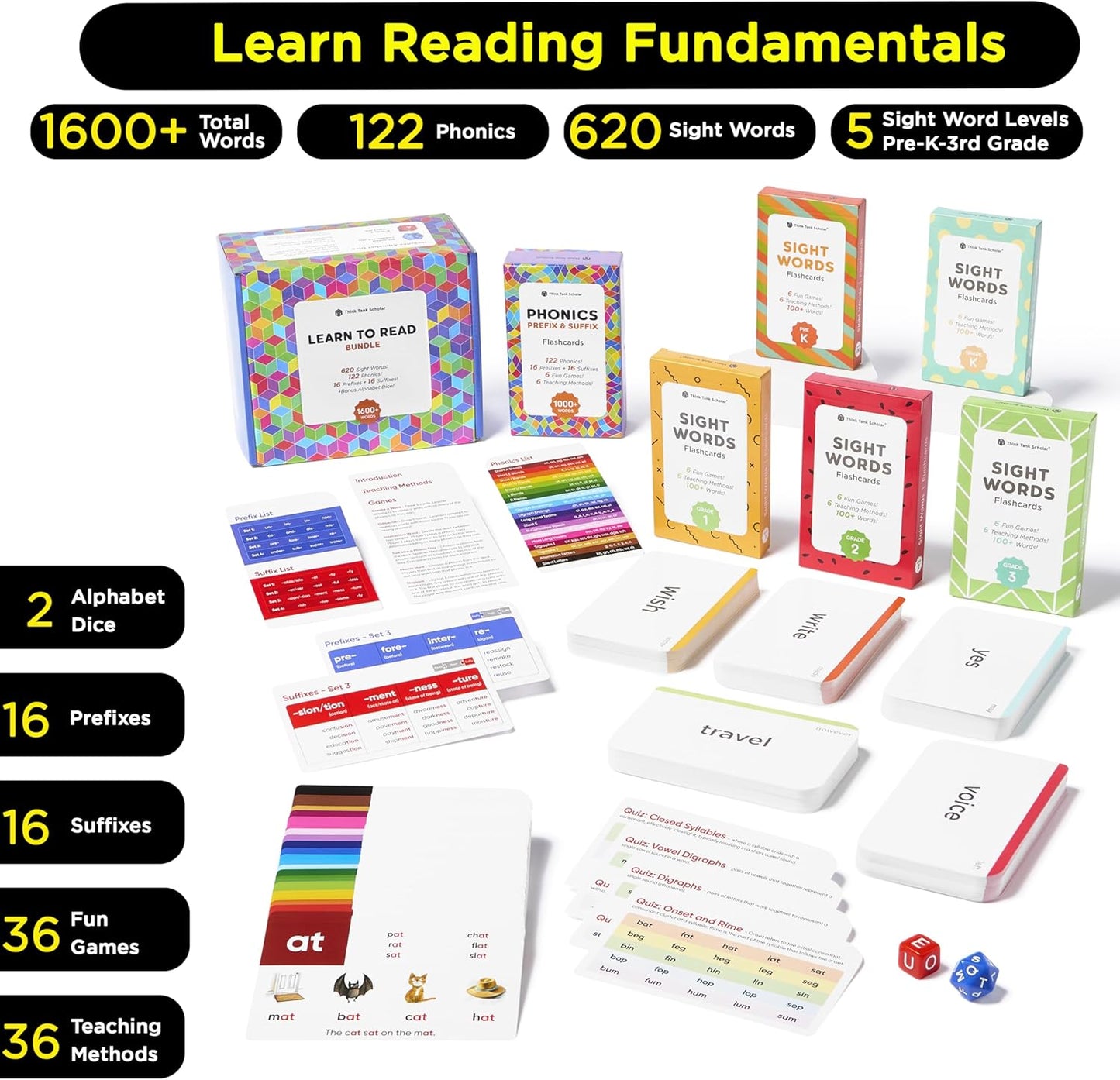 Award-Winning Phonics & Vocabulary Flash Cards (1000+ Words w/Prefixes, Suffixes & CVC) incl. Games & Visual Aids for Ages 4-8, Pre-K to 3rd Grade