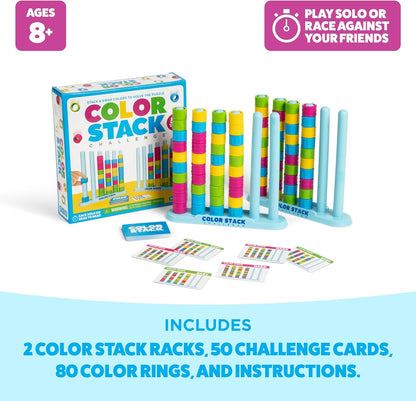 Color Stack Challenge by Relatable – A Fast-Paced Color Matching Puzzle Game for Fun Parties and Family Game Night. Includes 2 Stack Racks, 50 Challenge Cards, 80 Rings & Instructions.
