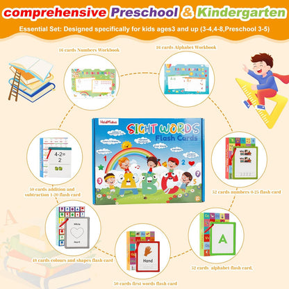 Alphabet ABC,Addition and Subtraction,Number,First Words,Shapes,Color Flash Cards 7 Set,568 Words Double-Sided Kindergarten Preschool Educational Pre k Flash Cards,Toddler FlashCards for Kids Ages 3+