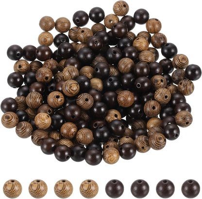 HARFINGTON 200pcs Round Wooden Beads, 10mm Dia Small Wood Beads for DIY Crafts, Bracelet, Wristlet, Necklace, Jewelry Making, Khaki Brown&Black