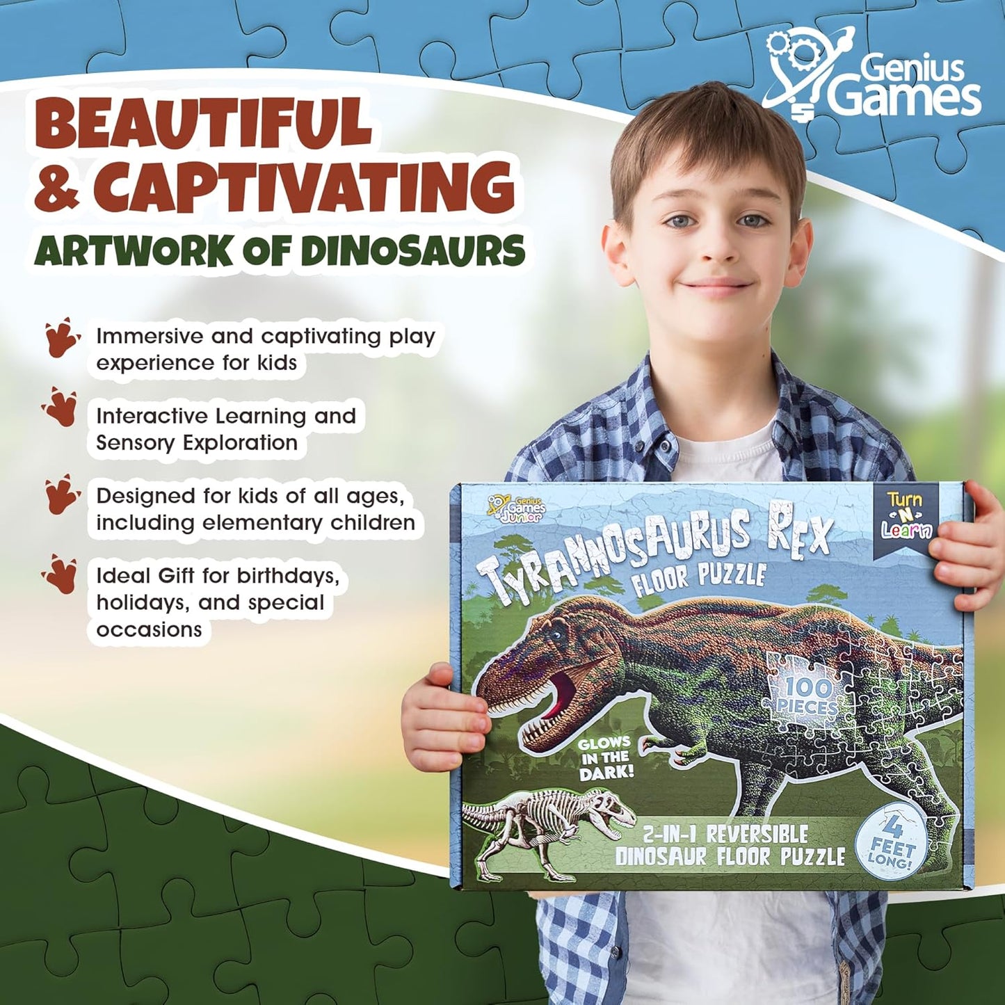 Tyrannosaurus Rex Dinosaur Jigsaw Puzzle | 100-Piece Double Sided Floor Puzzle with Glow-in-The-Dark Skeleton On Other Side | 4 FT Scientifically Accurate Dino Illustration | Educational Toy for Kids