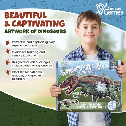 Tyrannosaurus Rex Dinosaur Jigsaw Puzzle | 100-Piece Double Sided Floor Puzzle with Glow-in-The-Dark Skeleton On Other Side | 4 FT Scientifically Accurate Dino Illustration | Educational Toy for Kids