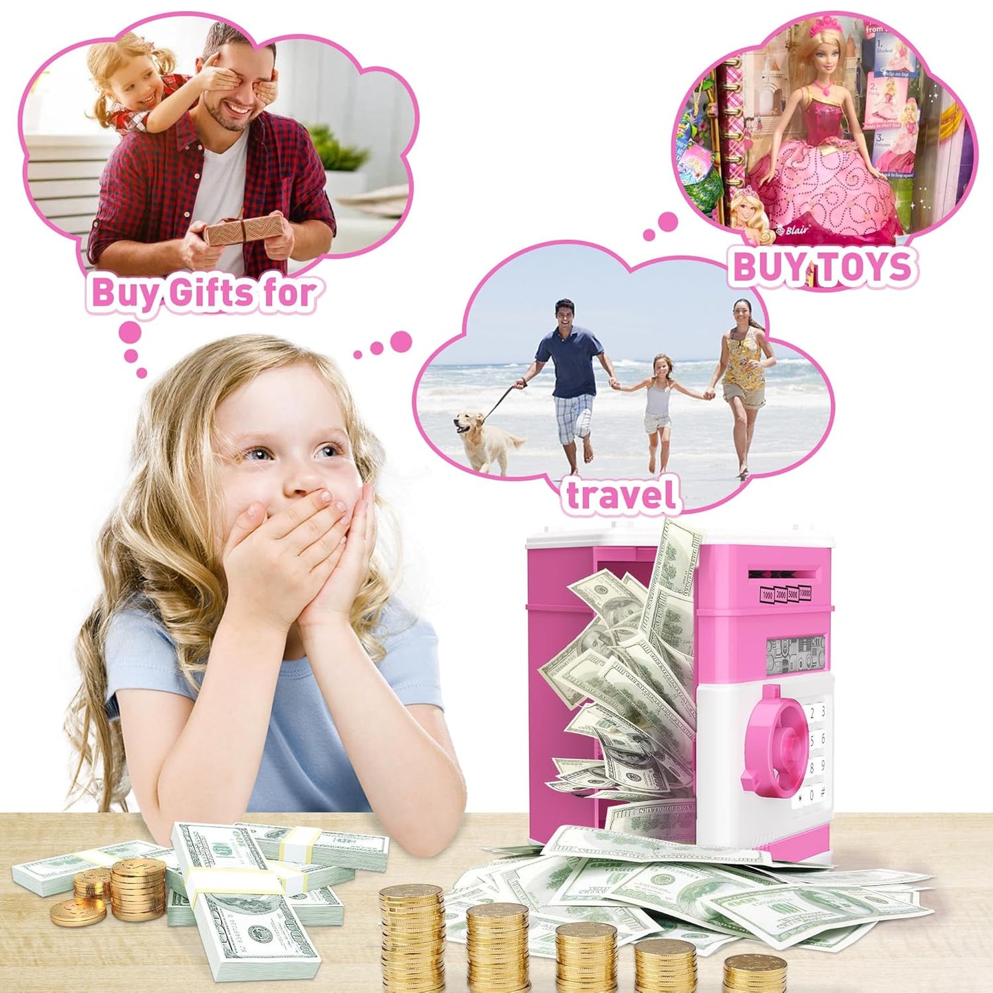 JUNEU Unicorn Piggy Bank for Kids, Gifts for 5 6 7 8 9 10 Year Old Girls, Kids Electronic Piggy Bank, Girls Birthday Gifts, Educational Toys for Girl Boys, Kid Money Saving Box, Mini ATM Coin Bank