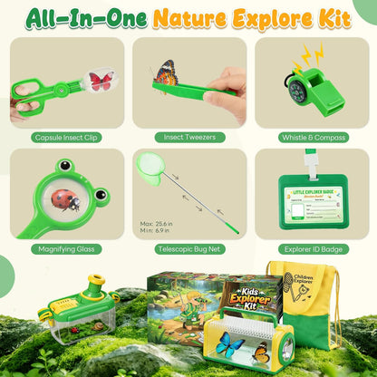 Kids Explorer Kit & Bug Catcher Kit with Vest, Carry Bag, Binoculars,Observation Jar, Butterfly Net, Magnifying Glass, Outdoor Nature Exploration STEM Toys Camping Gift for Boys Girls Ages 3-7