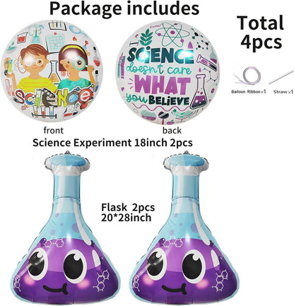 Science Party Decorations for Kids | 4 Pack STEM Foil Balloons with Lab Beaker and Science Icons | Educational Birthday Party Supplies for Classroom and Mad Scientist Theme
