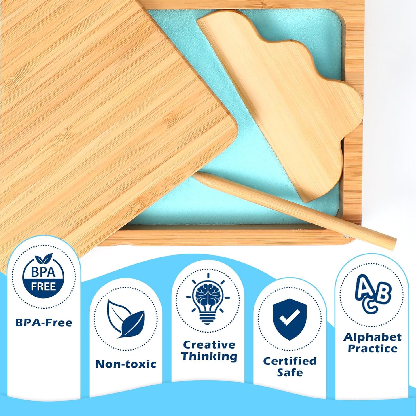 AtMini Montessori Sand Tray with Lid - Wooden Sand Trays for Kids Writing Letters and Numbers, Preschool Classroom Must Haves, Kindergarten Learning Tools (Blue)