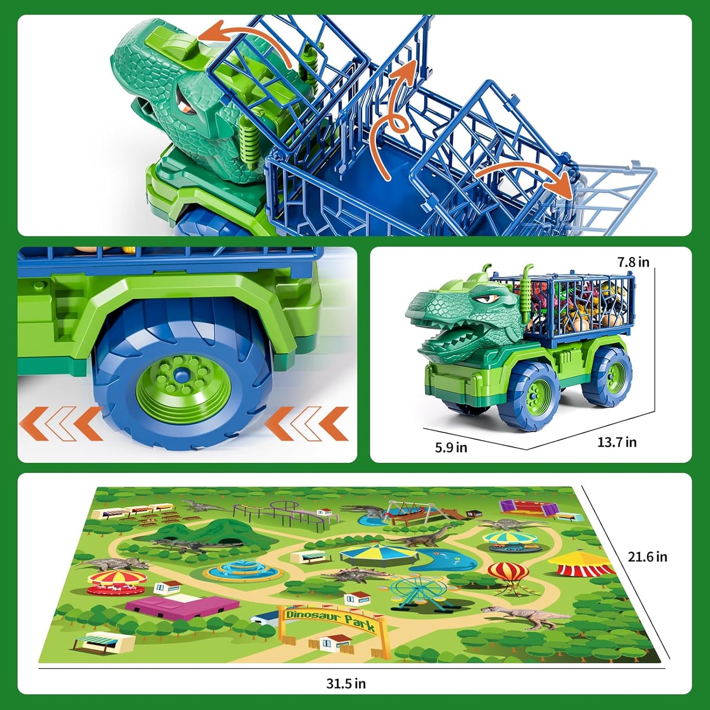 Dinosaur Truck for Kids 2-4, Dinosaur Action Figure Toys for Toddler 3-5 with 8 Dinosaur Figures, Play Mat, Egg, Tree, T-Rex Transport Car Carrier Birthday Gifts Toys for Boys 2 3 4 5 6 Year Old