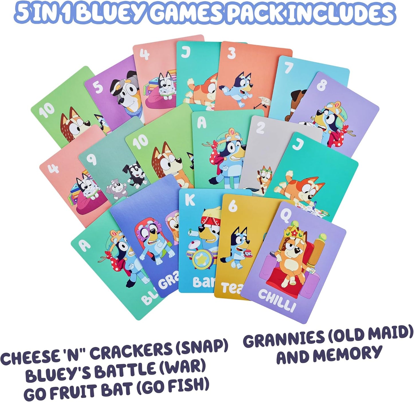 Bluey 5-in-1 Card Game Set, Jumbo-Sized 53-Deck Toddler Game, Multi-Color Interactive Play Card Games for Kids of Ages 3+