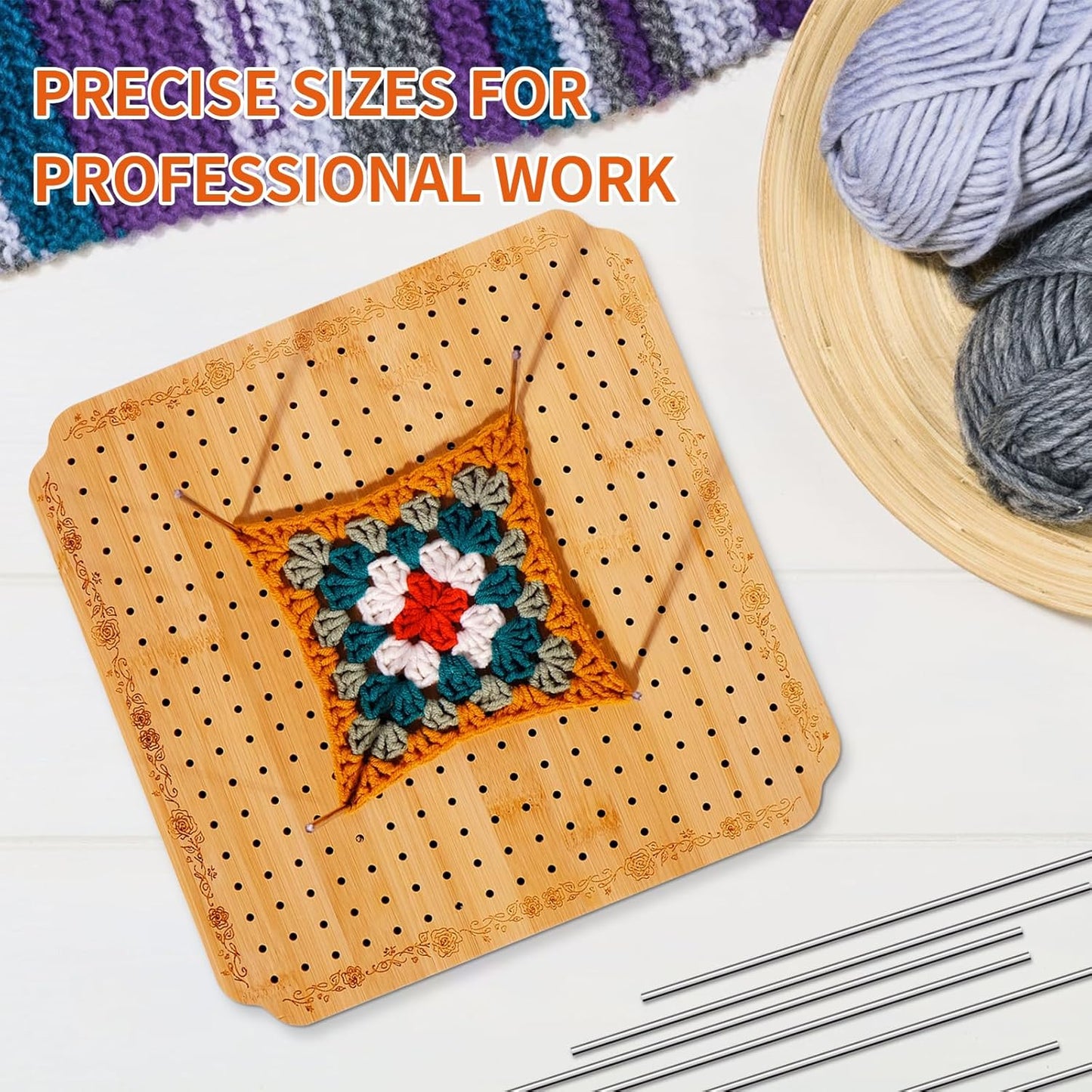 CraftyManor 7.6 in Blocking Boards for Crochet Projects with Rose Pattern, Crochet Blocking Board with Pegs, Granny Square Blocking Board with 20 Stainless Steel Pegs, Bamboo