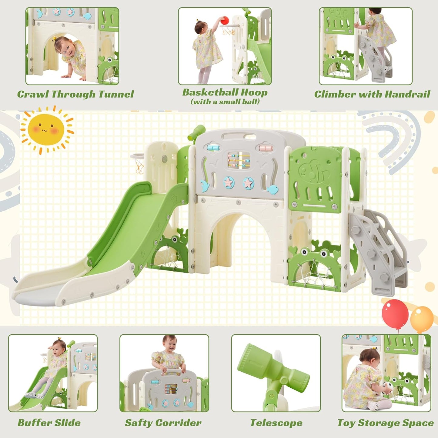 11in 1 Toddler Slide, Kid Slide for Toddlers Age 1-3 with Telescope, Basketball Hoop, and Telescope, Indoor Outdoor Playset Playground Blue Grey