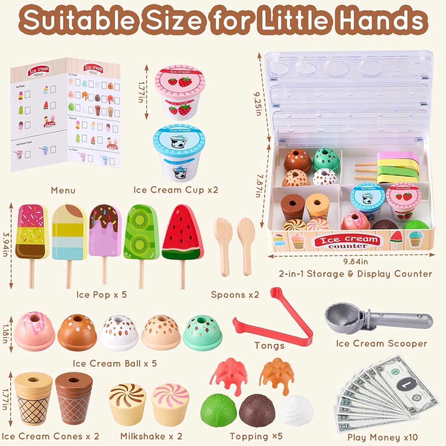 Ehome Wooden Ice Cream Toys Set Pretend Play Food Store for Kids Serve Ice Cream Counter Shop Kitchen Playset with Lucky Wheel, Scoop, Menu, Fake Money for Boys and Girls Ages 3 4 5 6 Birthday Gift