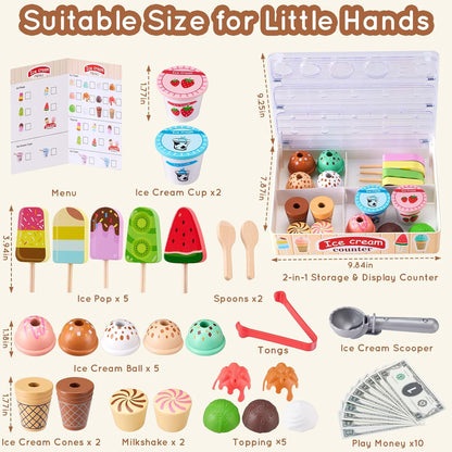 Ehome Wooden Ice Cream Toys Set Pretend Play Food Store for Kids Serve Ice Cream Counter Shop Kitchen Playset with Lucky Wheel, Scoop, Menu, Fake Money for Boys and Girls Ages 3 4 5 6 Birthday Gift