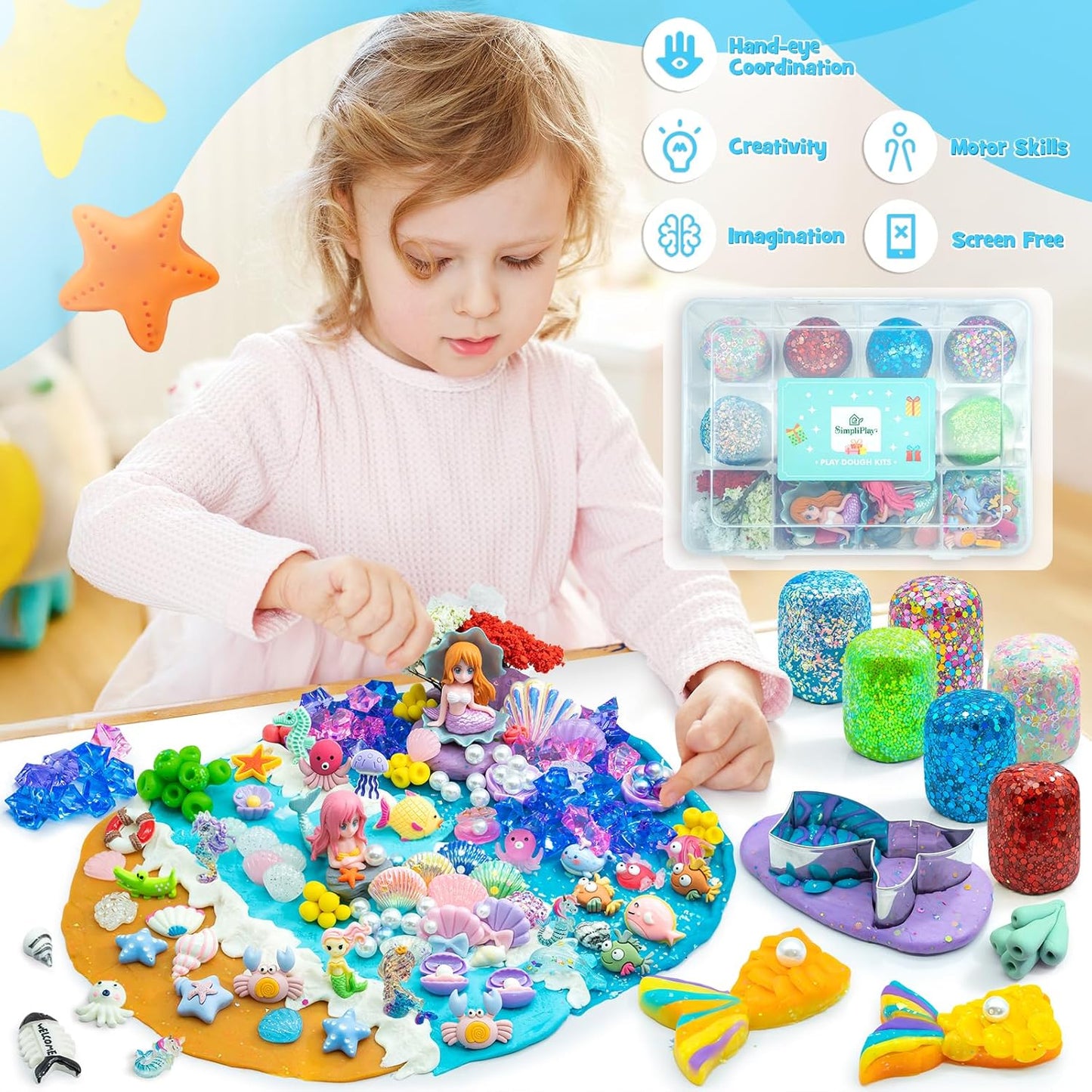 SIMPLIPLAY Mermaid Sensory Kit, 18oz 6 Pcs Glitter Doughs with Accessories(150 Pcs+), Non-Toxic Play Dough Set, Sensory Dough Kit for Toddlers 3 4 5 6 Year Old with Cutter, Mermaid Toys