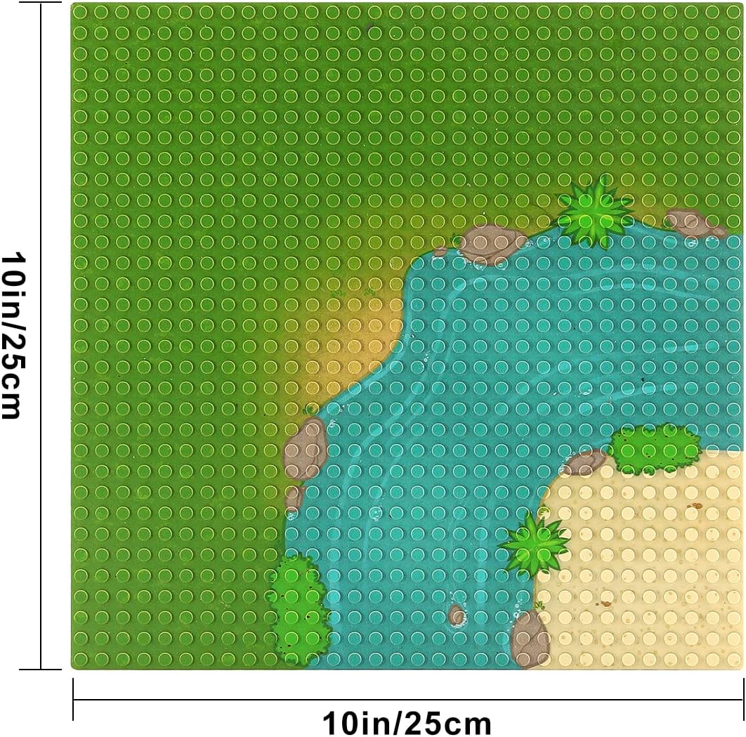 Feleph Classic Baseplate with River and Grassland Pattern, 10 x 10 Inches Base Plates for Building Blocks Mat Compatible with Major Brands (Straight 4 Pieces)