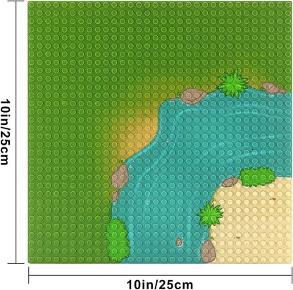 Feleph Classic Baseplate with River and Grassland Pattern, 10 x 10 Inches Base Plates for Building Blocks Mat Compatible with Major Brands (Straight 4 Pieces)