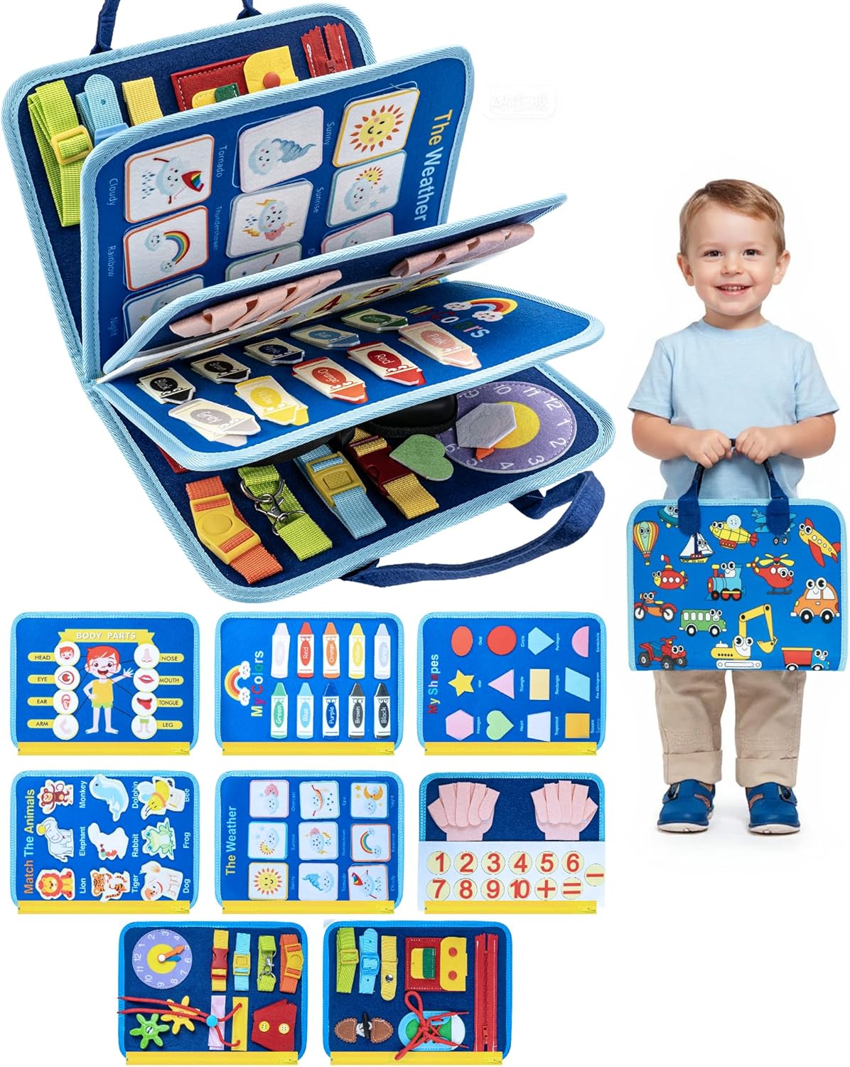 Montessori Busy Book for Toddlers, 8-Page Sensory Activity Book for Fine Motor Skills & Basic Dress Learning, Portable Travel Toy for Preschool Kids, Birthday Gift for Boys and Girls (Blue)