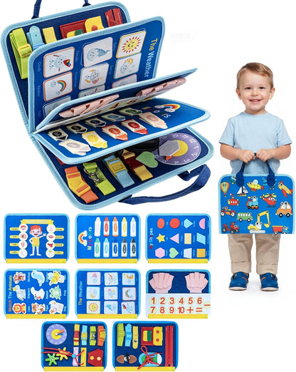 Montessori Busy Book for Toddlers, 8-Page Sensory Activity Book for Fine Motor Skills & Basic Dress Learning, Portable Travel Toy for Preschool Kids, Birthday Gift for Boys and Girls (Blue)