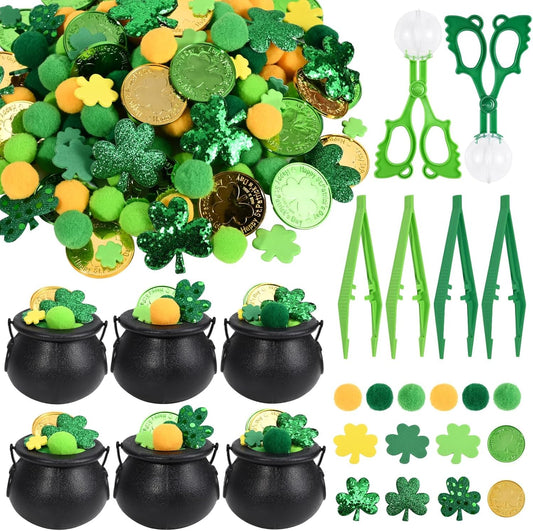 302 Pcs St. Patrick's Day Sensory Bin Fillers Fine Motor SkillsSt. Patrick's Decorations Pompoms Cups Shamrock Tweezers Scissor Clips for St. Patrick's Sorting Counting