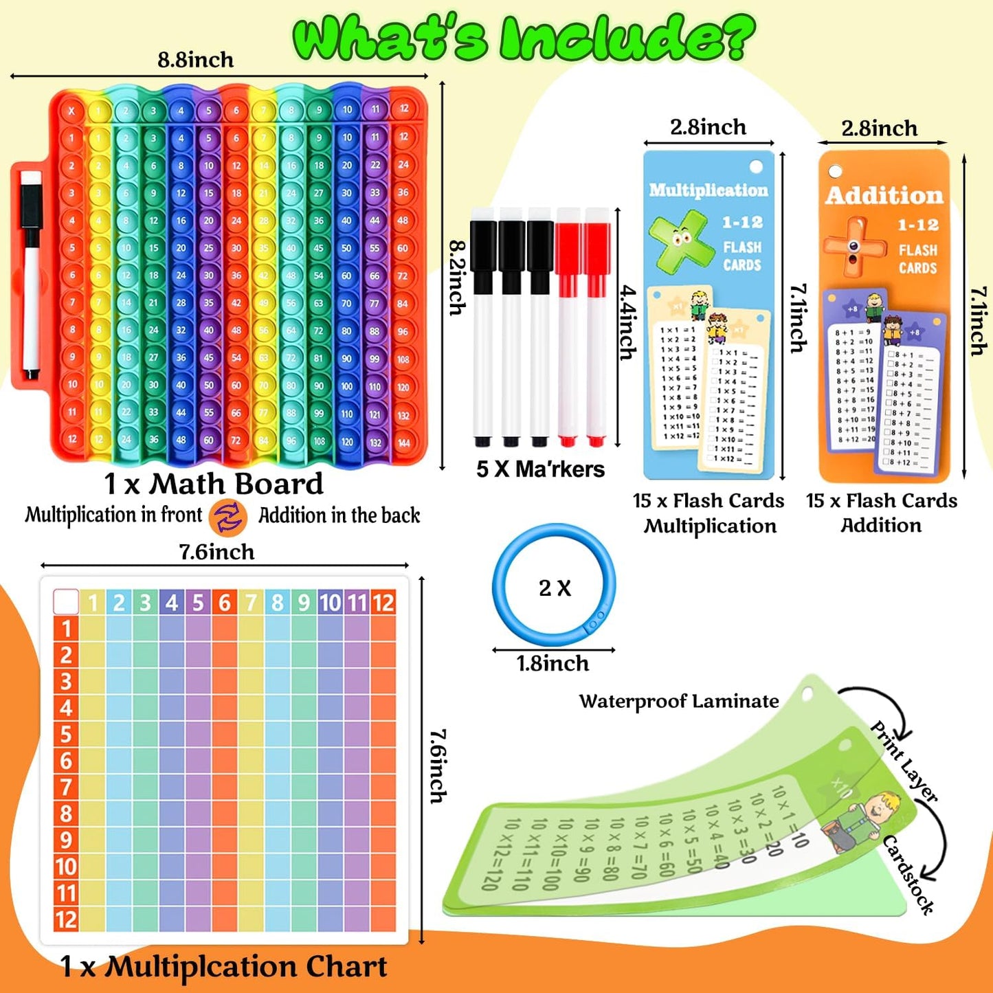 Multiplication Flash Cards + Math Board, Math Flash Cards & Chart, Times Table Manipulatives for Preschoolers 3rd,4th,5th,6th Grade
