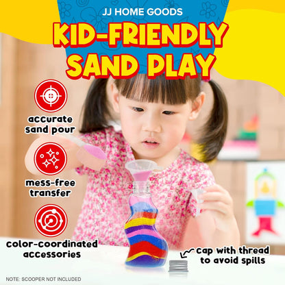 JJ CARE Sand Art Bottles [12 Wave-Shaped Sand Bottles + 6 Small & 6 Large Funnels] Craft Sand Art Kit for Kids 3 Years Above, Non-Toxic Rangoli Color Art Bulk