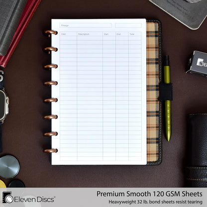 Eleven Discs Discbound Paper, Junior Size Mileage Log Sheets - Premium 120gsm Heavyweight Notebook & Planner Refills - 8 Discs, 5.5 x 8.5 in - Punched for Circa, Arc, TUL (50 Sheets)