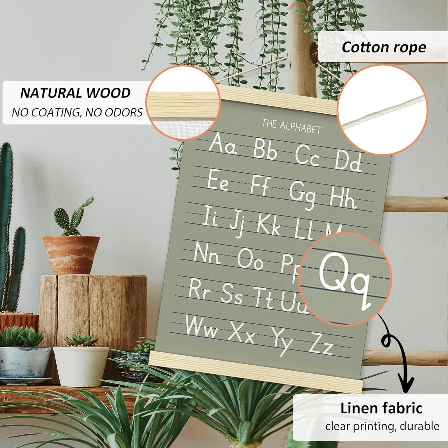 BONETAT Numbers alphabet poster for Nursery Toddlers, Play Room Wall Decor, ABC Wall Chart, Wall Hanging Decor for Toddler Playroom Decor Kids Wall Decor, Wooden Alphabet Banner-A02