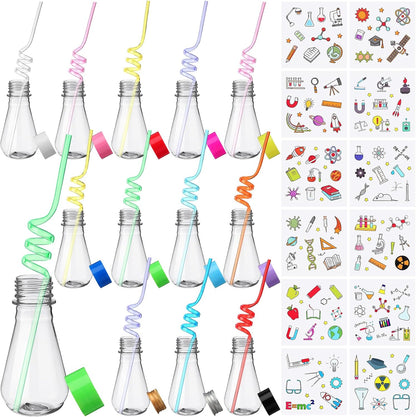 Jingmore 36 Pcs Science Party Theme Cups Set with Silly Loop Straws Science Stickers Plastic Reusable Small Conical Flask Bottles Test Tubes for Birthday Party Decorations(Spherical Bottles)