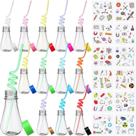 Jingmore 36 Pcs Science Party Theme Cups Set with Silly Loop Straws Science Stickers Plastic Reusable Small Conical Flask Bottles Test Tubes for Birthday Party Decorations(Spherical Bottles)