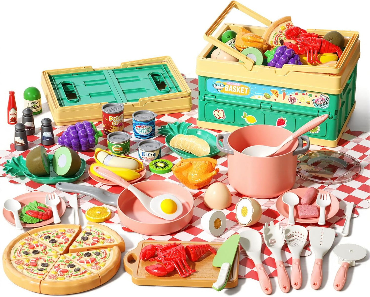 130Pcs Kitchen Playset, Toddler Pretend Cooking Play Pots, Pans, Utensils Cookware, Daily Food Fruit Veges, Shopping Storage Basket, Dessert, Prop Money, Learning Gift for Child (Pink)