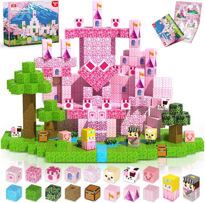 Magnetic Blocks - 100Pcs 0.8in Magnetic Building Block for Kids Ages 4-8, Transparent Magnet Block Blue Princess Castle, Magnet Cubes Tiles Princess Toy for Girl 3 4 5 6 7 8-12 Birthday Gift