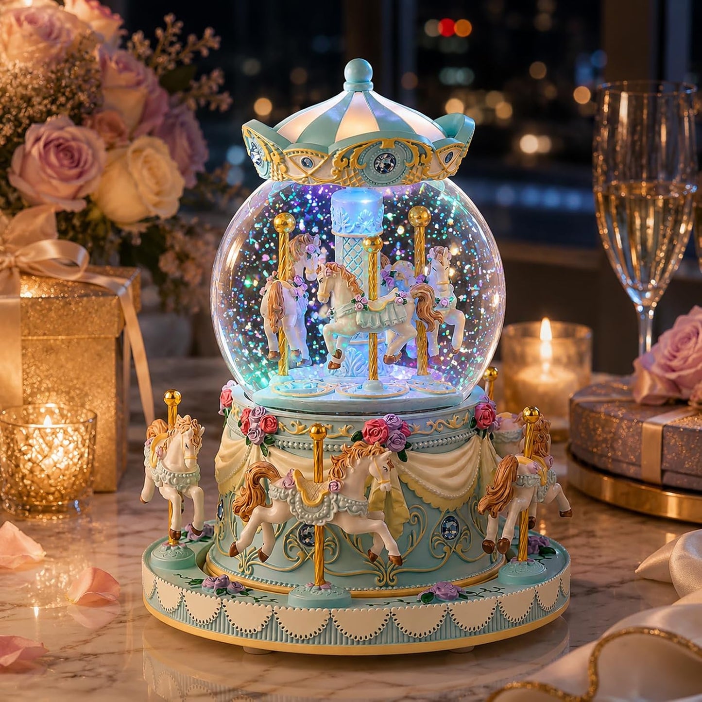 Blue Carousel Snow Globe Music Box with LED Lights, Rotating Horse Merry Go Round with Glitter Snowfall, Wind Up Musical Snow Globe Plays Over the Rainbow, Gift for Daughter Granddaughter Women