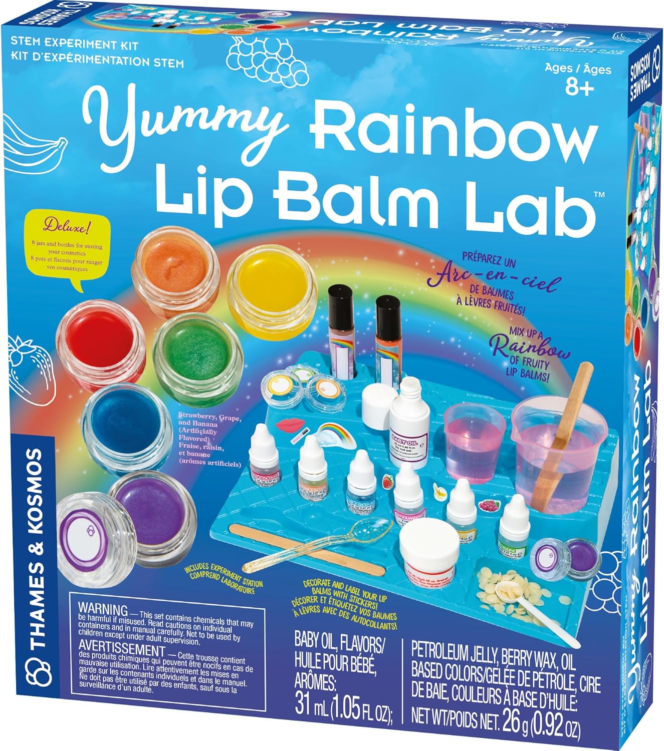 Thames & Kosmos Yummy Rainbow Lip Balm Lab STEM Kit | Make Lip Balms, Glosses | Strawberry, Grape, Banana Flavors & Cosmetic Jars | Chemistry & Biology of Skin Care | 2-Language (EN/FR)