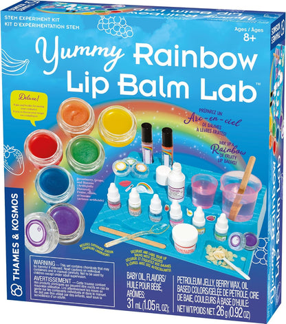 Thames & Kosmos Yummy Rainbow Lip Balm Lab STEM Kit | Make Lip Balms, Glosses | Strawberry, Grape, Banana Flavors & Cosmetic Jars | Chemistry & Biology of Skin Care | 2-Language (EN/FR)