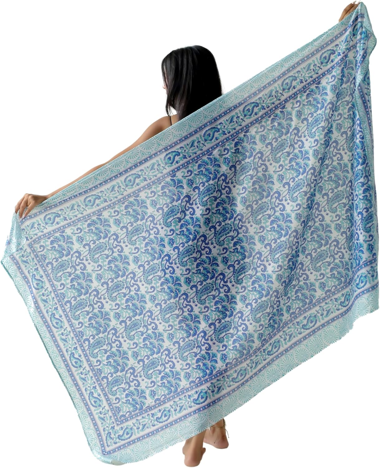 100% Cotton Sarong Cover Up for Women Indian Block Print Beach Wrap Skirt Long Boho Swimsuit Bikini Pareo (73” x 43”)