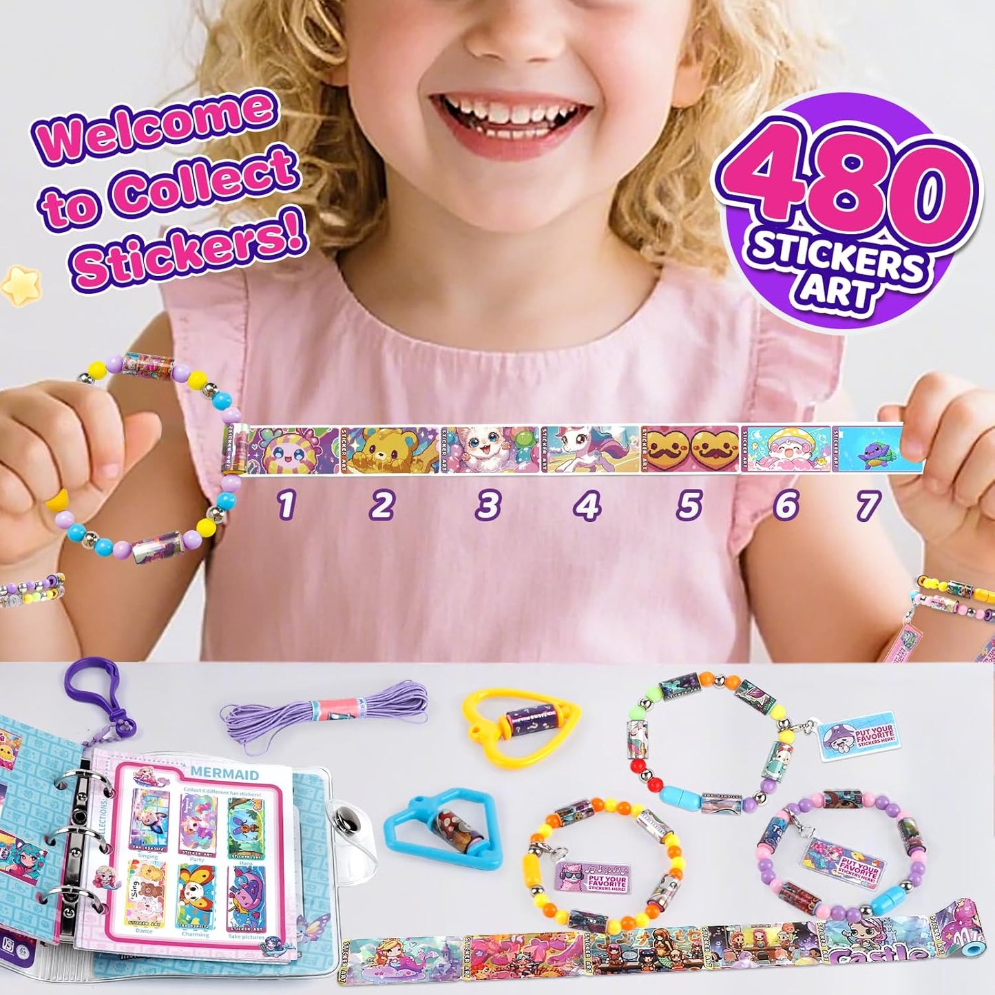 Plunack DIY Sticker Jewelry Making Kits Bracelets for Kids, Stickers Set, Includes Beads & Charms & Pendants, 320Pcs Mini Holographic Stickers, Bracelet Making Kit for Girls 6-12 Birthday Gift