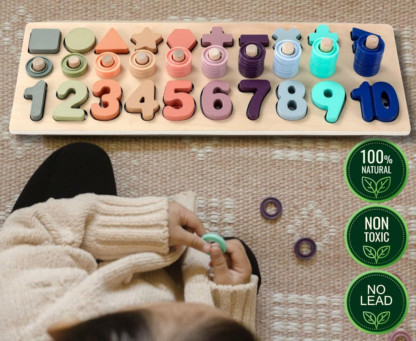 BEKILOLE Wooden Montessori Toys for Kids Toddler Number Puzzles Sorter Counting Shape Stacker Stacking Game Preschool Toys for Boy Girl Learning Education Math Blocks Year Old Girl Gifts (Macron)