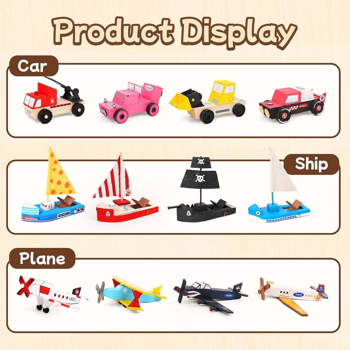 Wooden Build Paint Art Crafts Kit 3 Pack, Make Your Own Car Boat & Plane DIY Craft Toys for Kids Boys, STEM Educational Toy Set for Kids Ages 4-8, 8-12