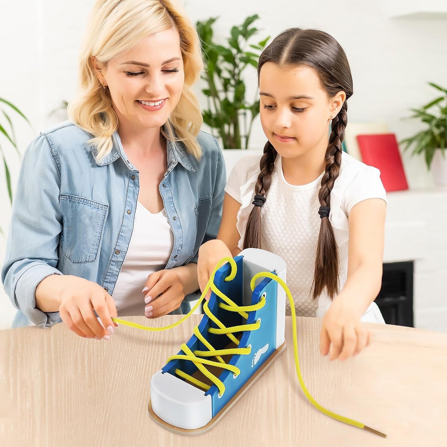 NUOBESTY Shoe Tying Practice for Kids Preschool Learning Toys Learn to Tie Shoes Tying Practice Board Early Educational Developmental Wooden Toy Toddler 2pcs
