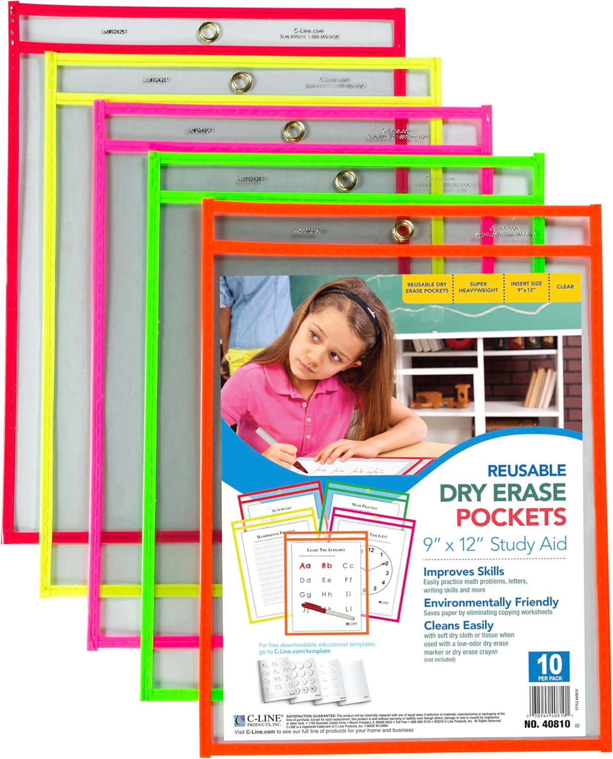 C-Line Reusable Dry Erase Pockets, 9 x 12 Inches, Assorted Neon Colors, 25 Pockets per Pack (40820)